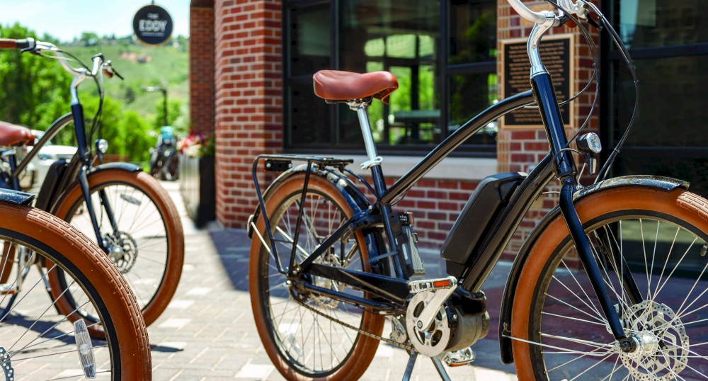 The image shows black bicycles with brown seats and tires, parked on a brick-paved area in front of a building with a sign reading "EDDY".