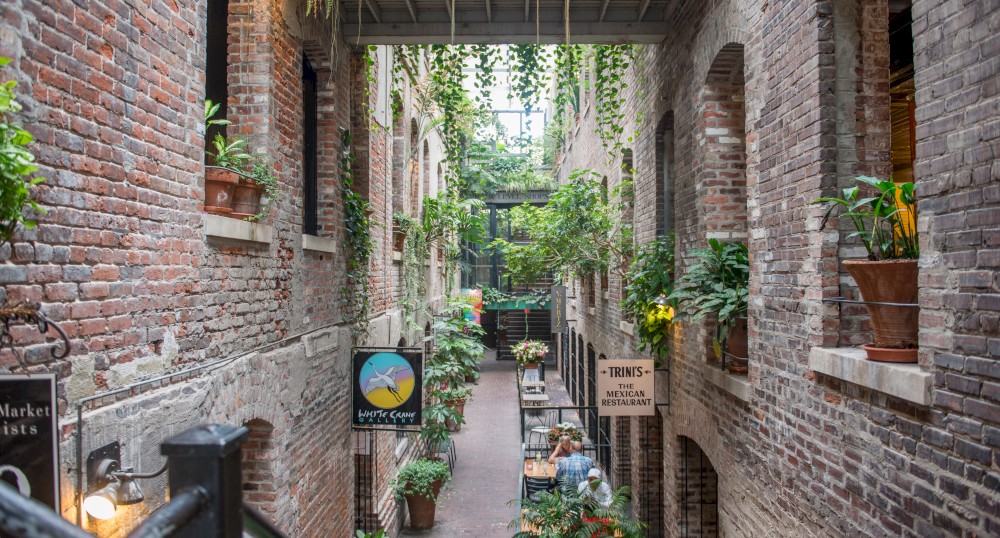 This image features a narrow alleyway with brick walls, hanging plants, and a few storefront signs. People can be seen seated at tables.