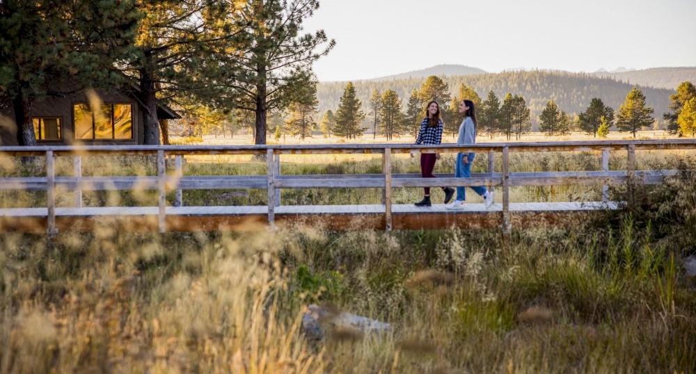 Two people walk across a wooden bridge in a scenic, rural area with trees, grasses, and mountains in the background, under a clear sky.